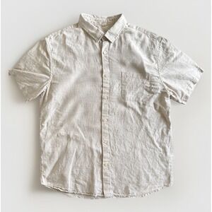 Mens 100% Flax Linen Short Sleeve Button Shirt Beige Natural Minimalist Size M/L